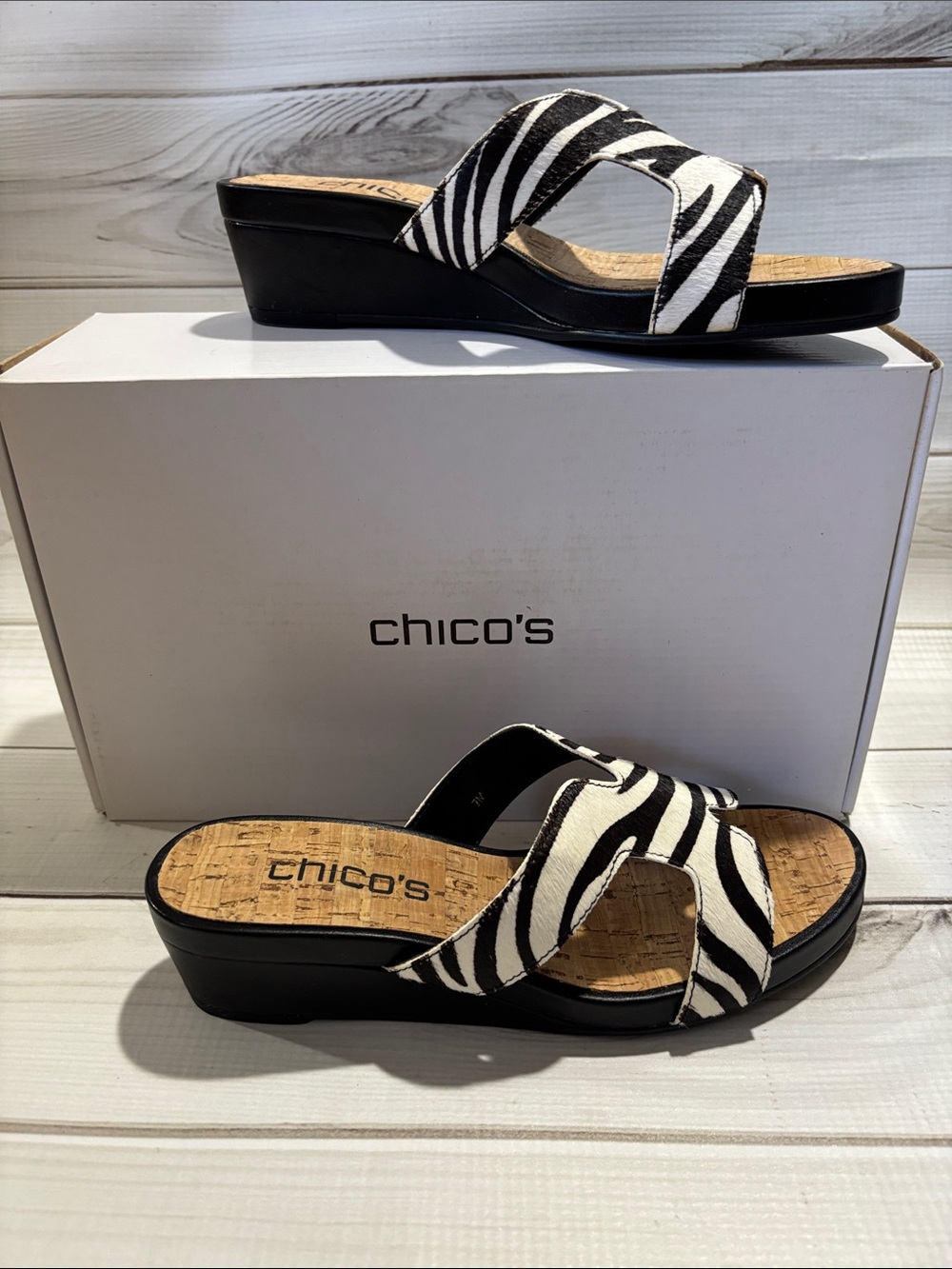 Chico's Black & White Zebra Print Wedge Slide Sandals